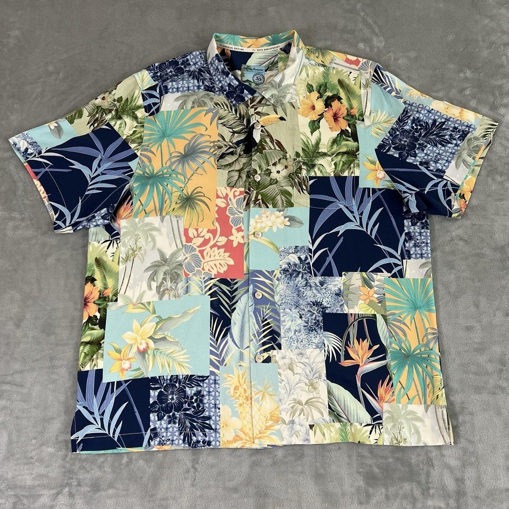 Tommy Bahama Shirt Mens 2XL Silk Patchwork Hawaiian Floral 30th Anniversary